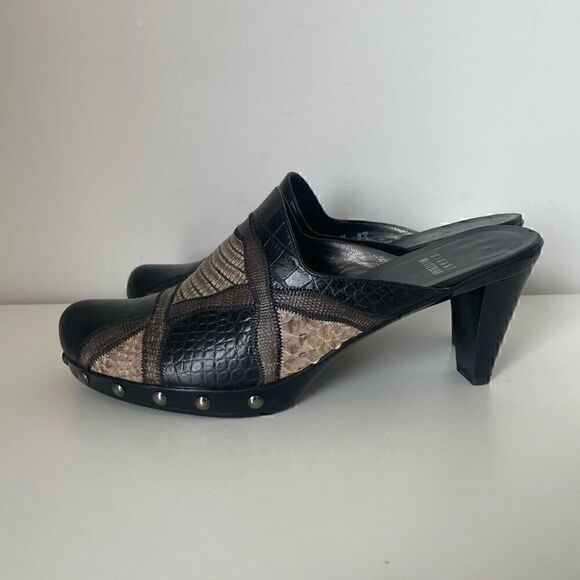 Stuart Weitzman Mules Heels Black Leather Patchwork Size 8.5 Studded Slip On - Picture 4 of 9